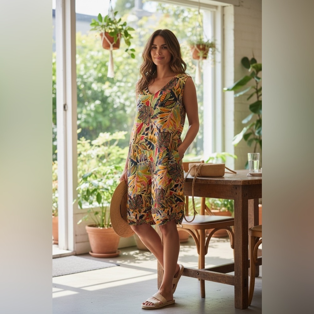 3/$30 ☀️ C&C California Colorful Tropical Print Linen Mini Dress